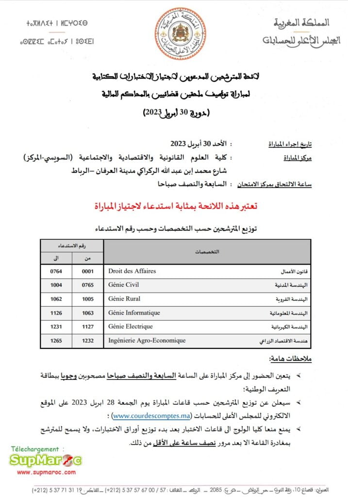 Présélection Cour comptes concours recrutement 31 Auditeurs 2023 Supmaroc