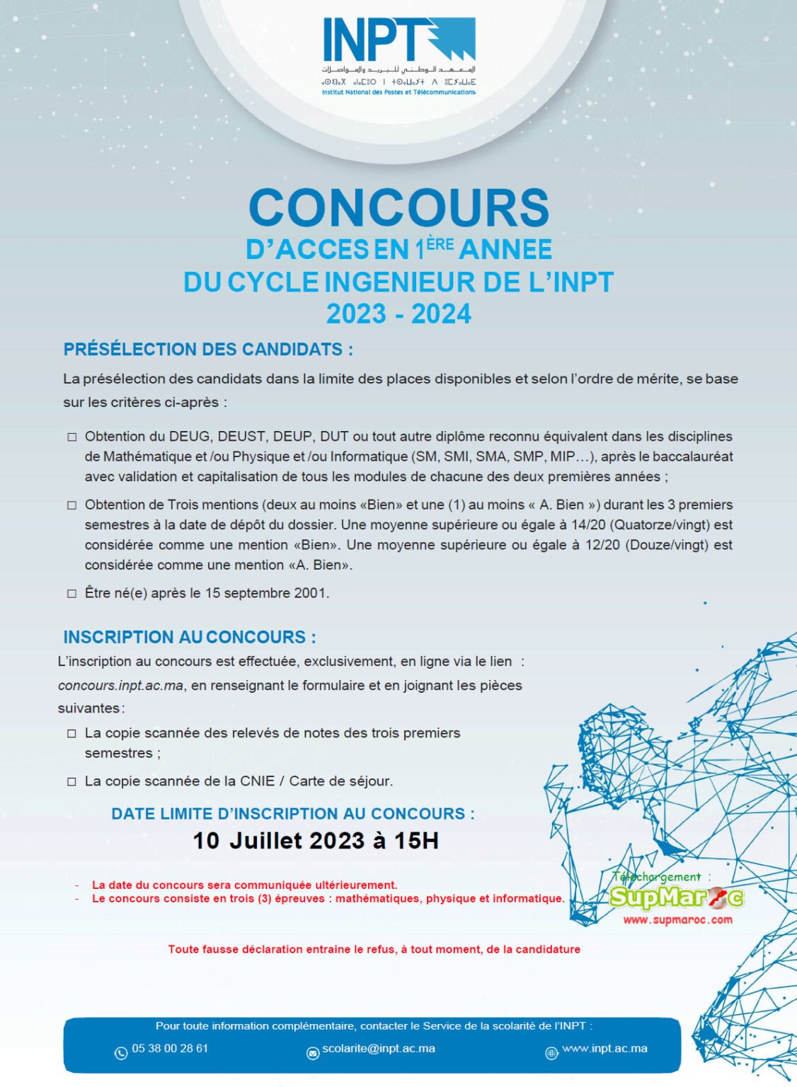 Concours 1ere année INPT Rabat 2020 2021 Supmaroc