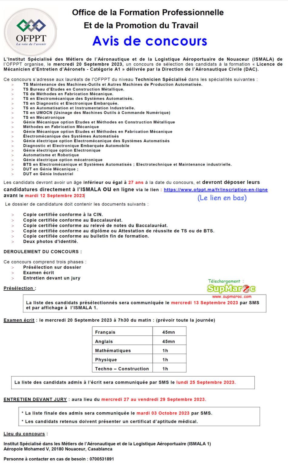 ISMALA OFPPT LP Mécanicien aéronefs A1 DAC 2023 2024 Supmaroc