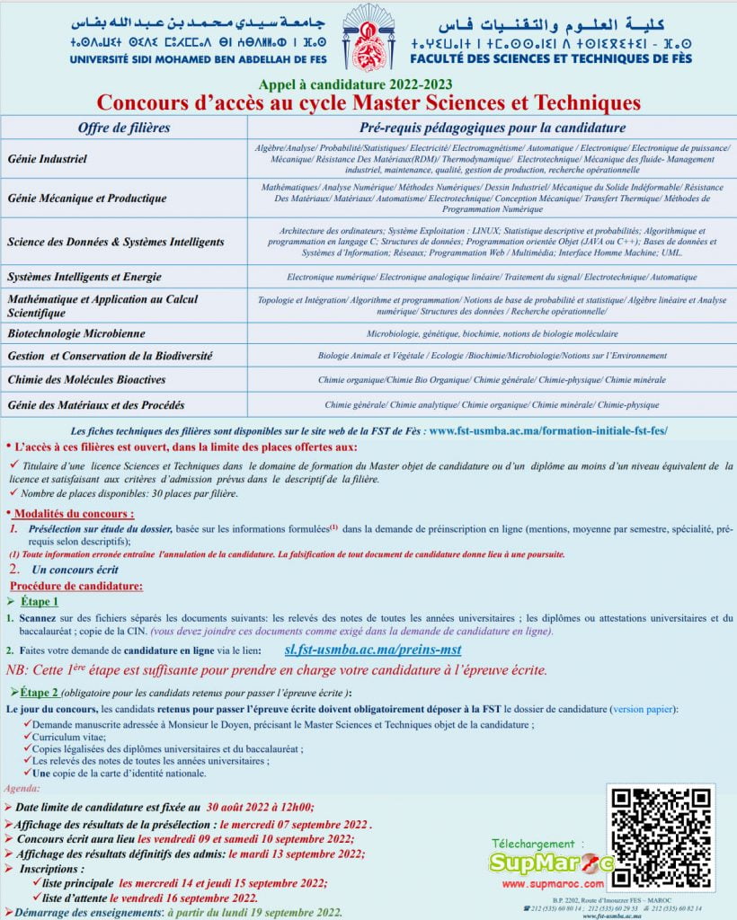 Concours FST Fes Master MST 2022 /2023 | Supmaroc