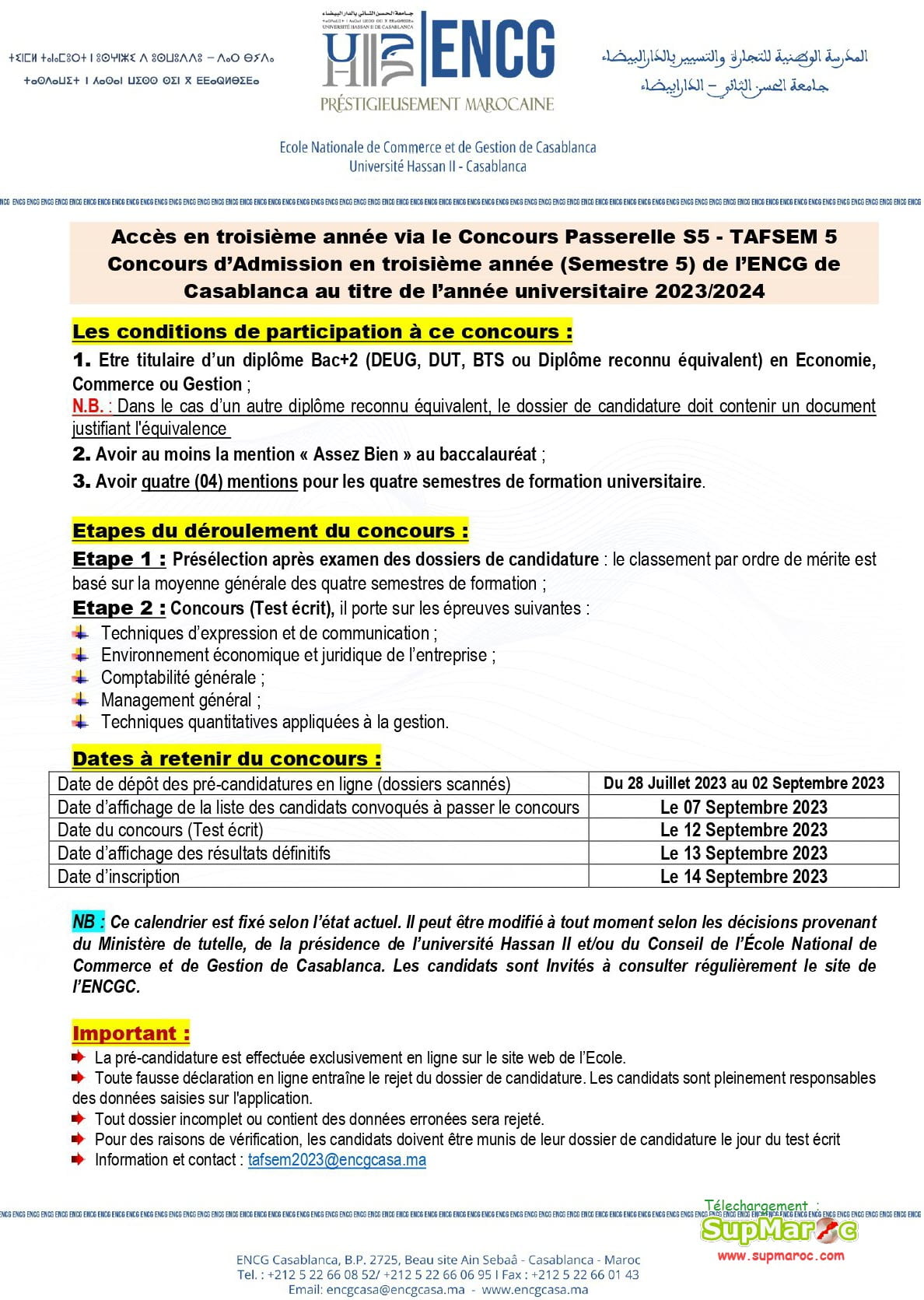 ENCG Casa Concours TAFSEM S5 3ème année 2023 2024 Supmaroc