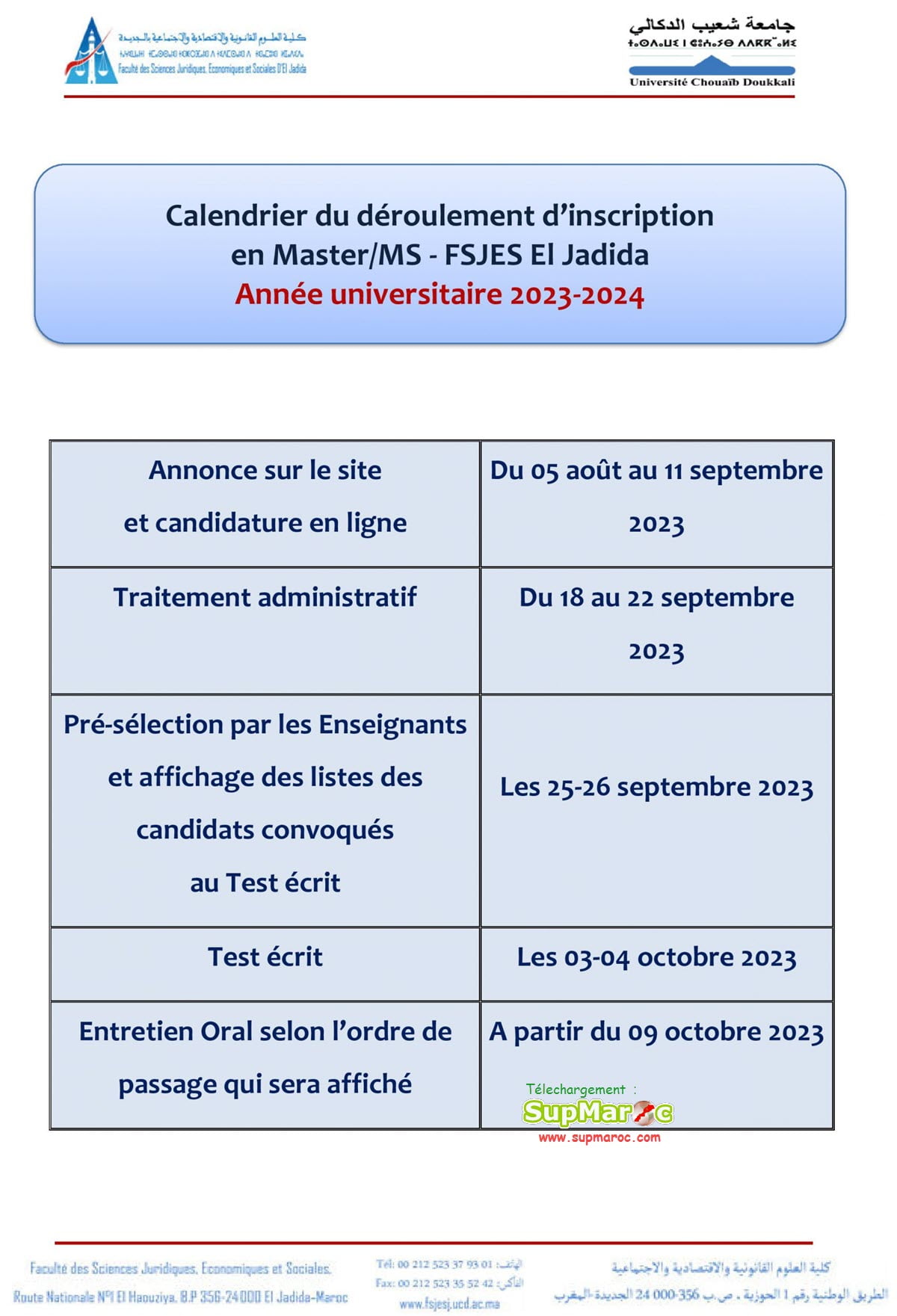 Présélection Fsjes El Jadida Concours Master Ms 2023 2024 Supmaroc