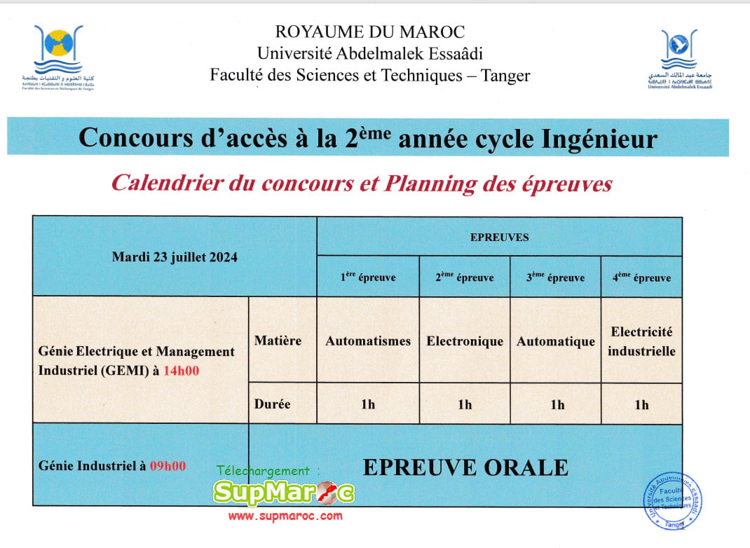 Présélection Fst Tanger 2eme Année Ingénieur 2024 2025 Supmaroc 